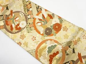 アンティーク　鴛鴦に笠松・菊・枝垂れ桜模様織り出し袋帯（材料）